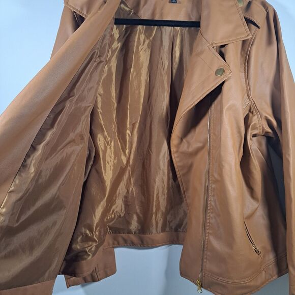 Faux Leather Biker Jacket Plus 2X Coffee Brown Lined Coat Zipper Collar Pockets - Picture 7 of 8